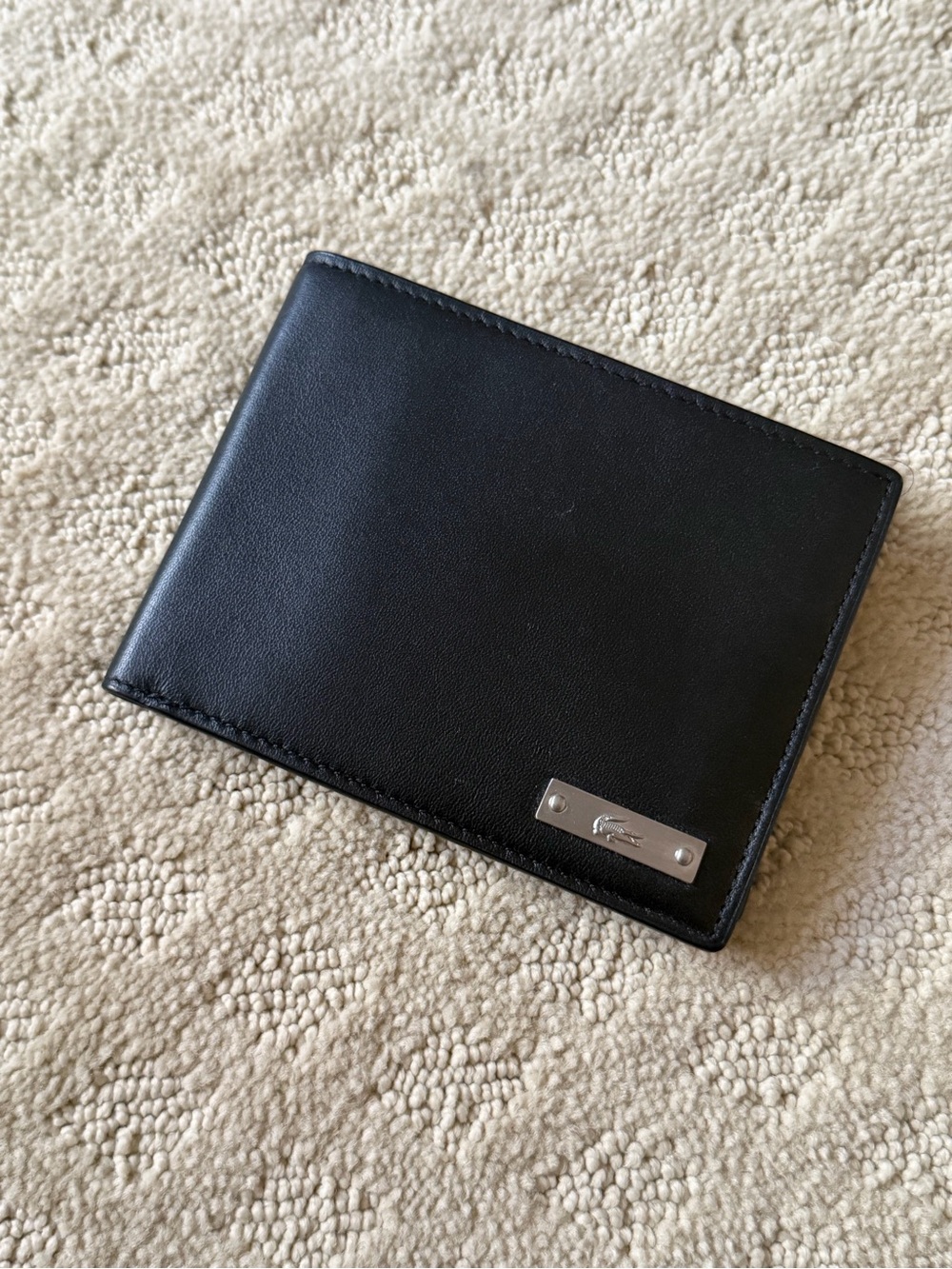 Lacoste Black Leather Card Holder Wallet with Metal Logo Plate